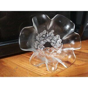 Vintage ?Fenton Bowl Ruffled floral pattern Clear & Frosted Glass 8" very pretty